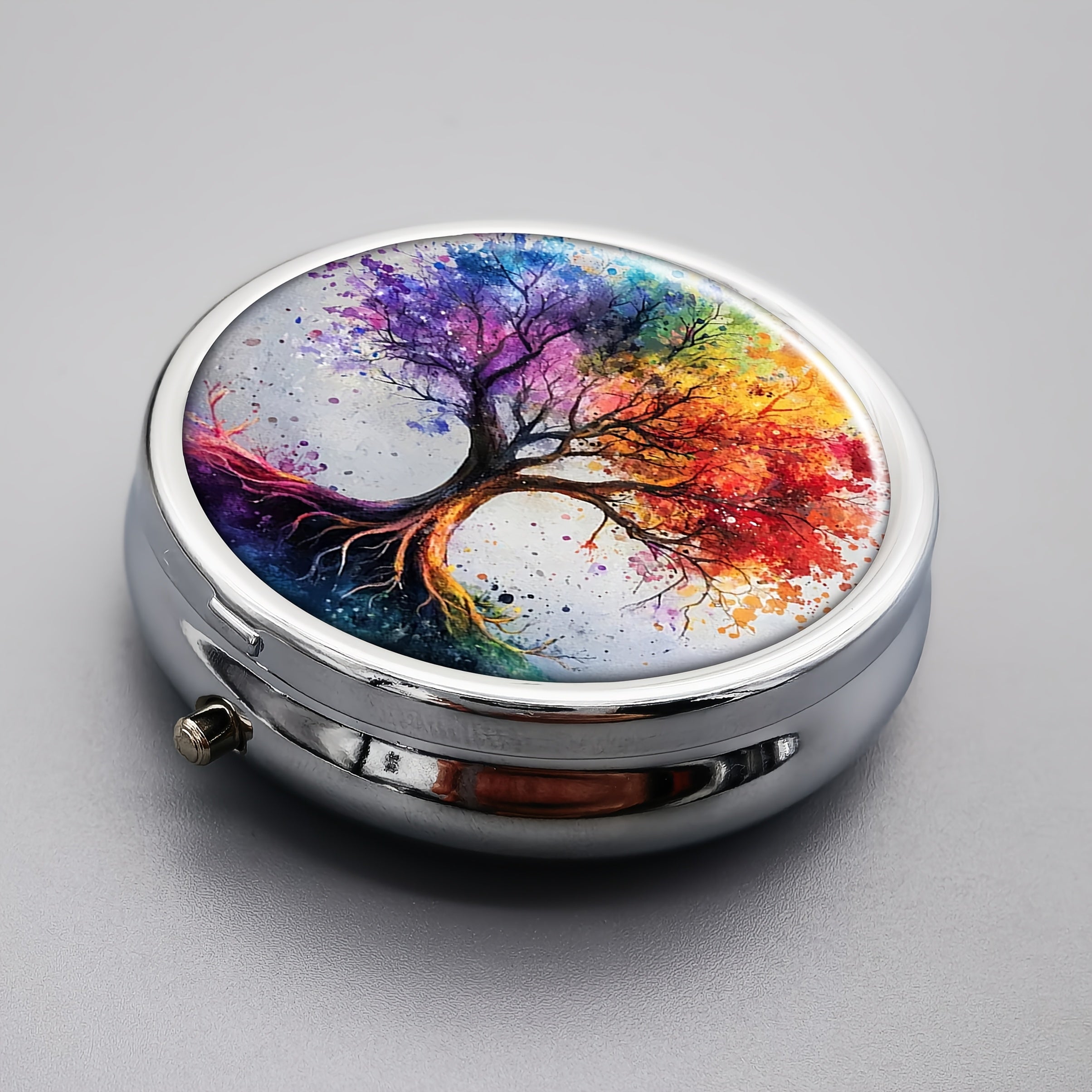 Pill Box 3 Compartment Metal Organizer - Vintage Tree Design