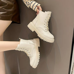 Women's Plush Lined Combat Boots Lace Up Side Zipper Winter Ankle Boots
