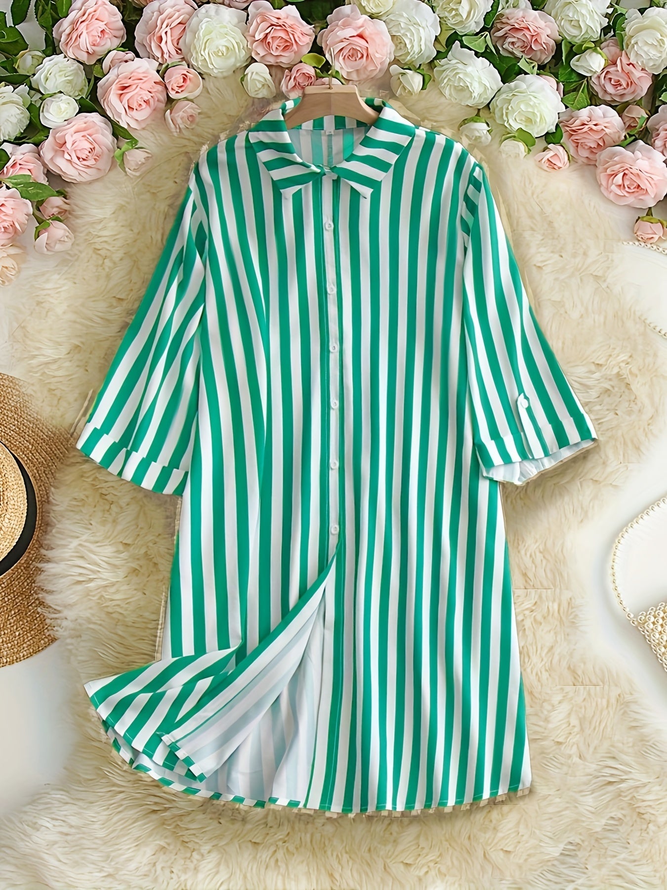 Stripe Print Button Up Roll Up Sleeve Blouse