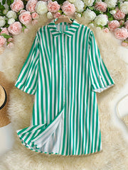Stripe Print Button Up Roll Up Sleeve Blouse