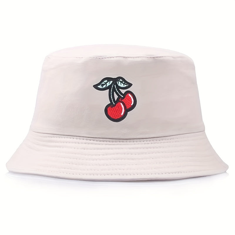 Cherry Embroidery Patch Bucket Hat Solid Sunscreen Cartoon Basin Hats