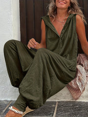 Solid Half Button Sleeveless Jumpsuit