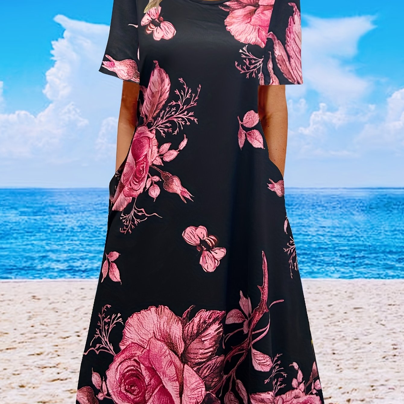 Women's Plus Floral Print Short Sleeve Round Neck Dress
