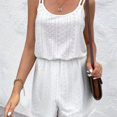 Solid Eyelet Romper Jumpsuit Casual Sleeveless Romper Jumpsuit