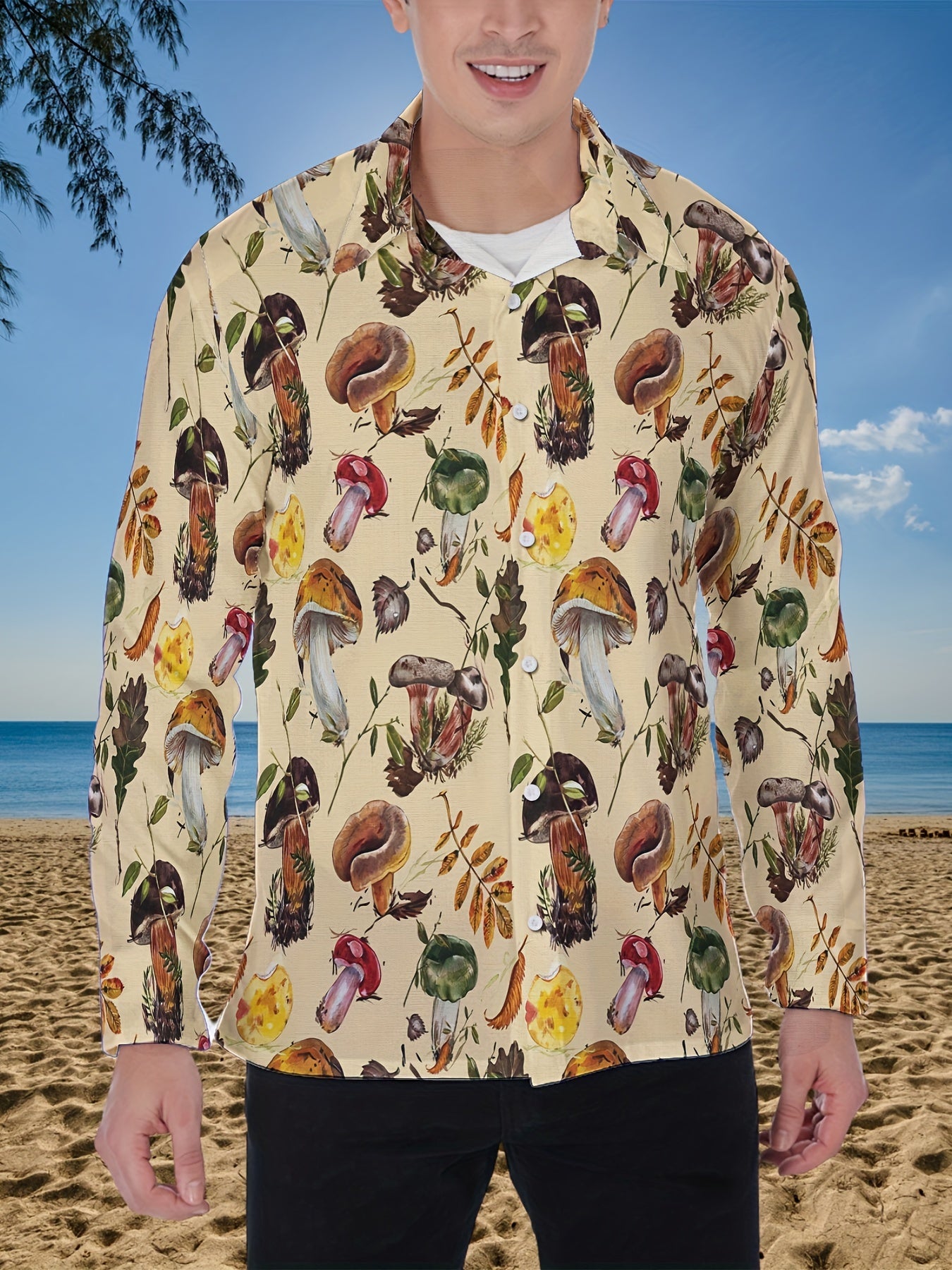 Men's Mushroom Print Casual Long Sleeve Shirt