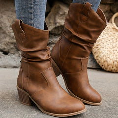 Women's Chunky Heel Cowboy Boots Slip On Retro Western Style