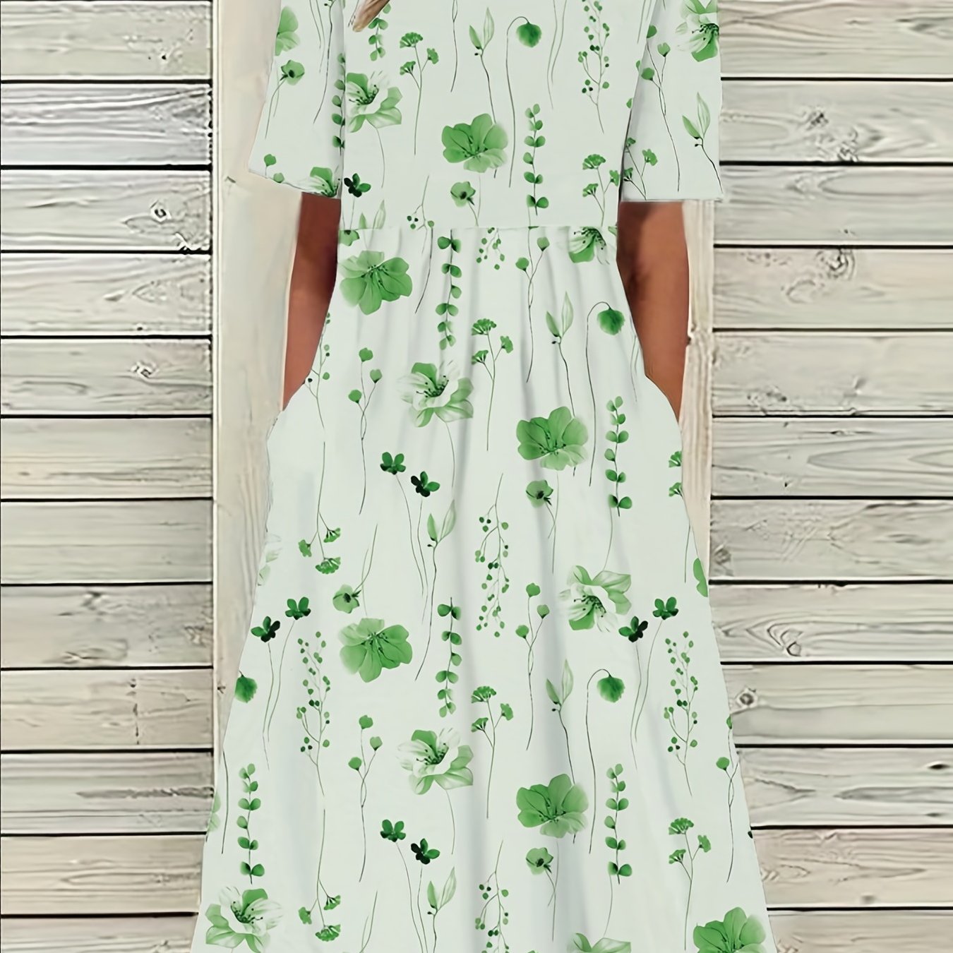 Leaf Print Short Sleeve Maxi Dress With Pockets