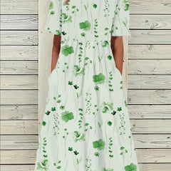 Leaf Print Short Sleeve Maxi Dress With Pockets