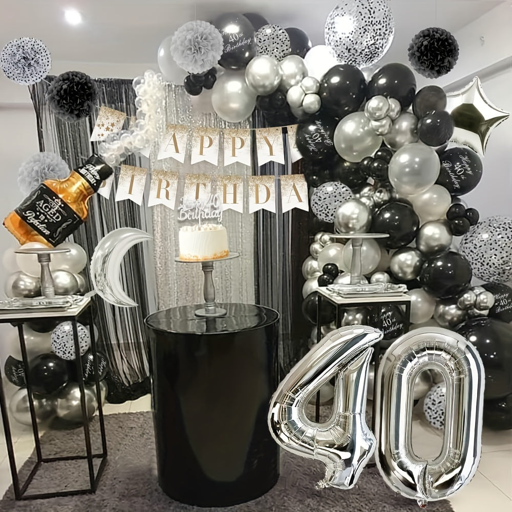 40th Birthday Party Decorations - Silvery Metal Balloons and Rainbow Confetti