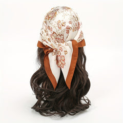 Brown Flower Print Bandana Satin Square Scarf Boho Necke...
