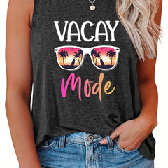 Casual Tank Top Women's Plus Letter & Glasses Print