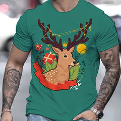 Christmas Reindeer Print T shirt Men's Casual Street Style Tee Shirt