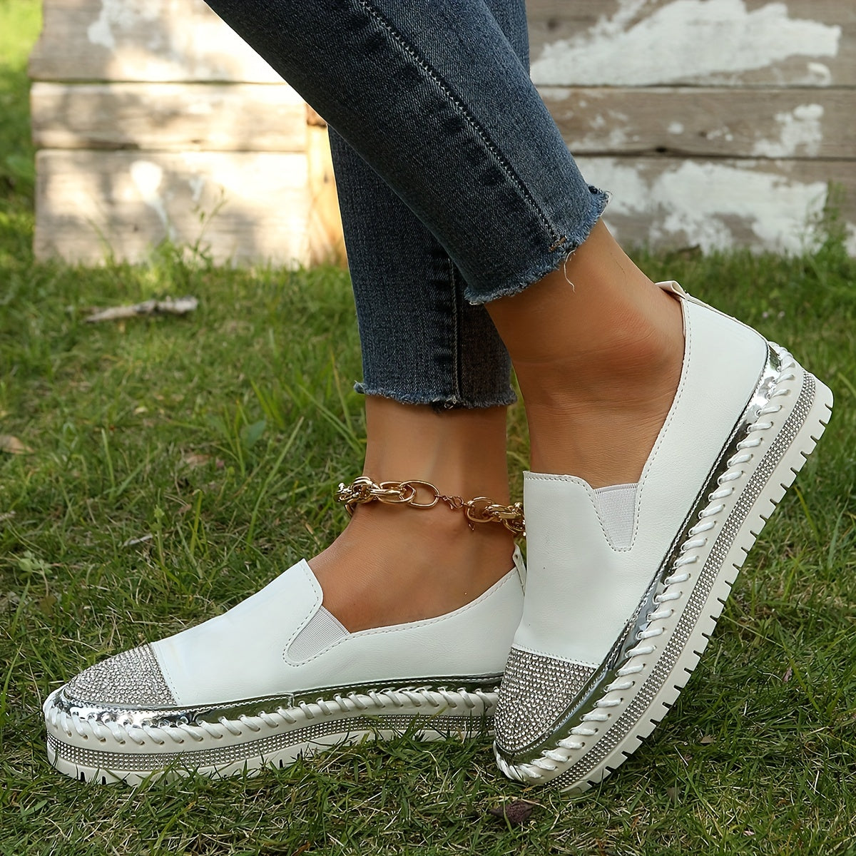 Women's Glitter Platform Loafers Rhinestone Slip On Shoes