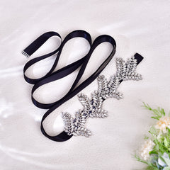 Rhinestone Embellished Bridal Headband with Satin Ribbon