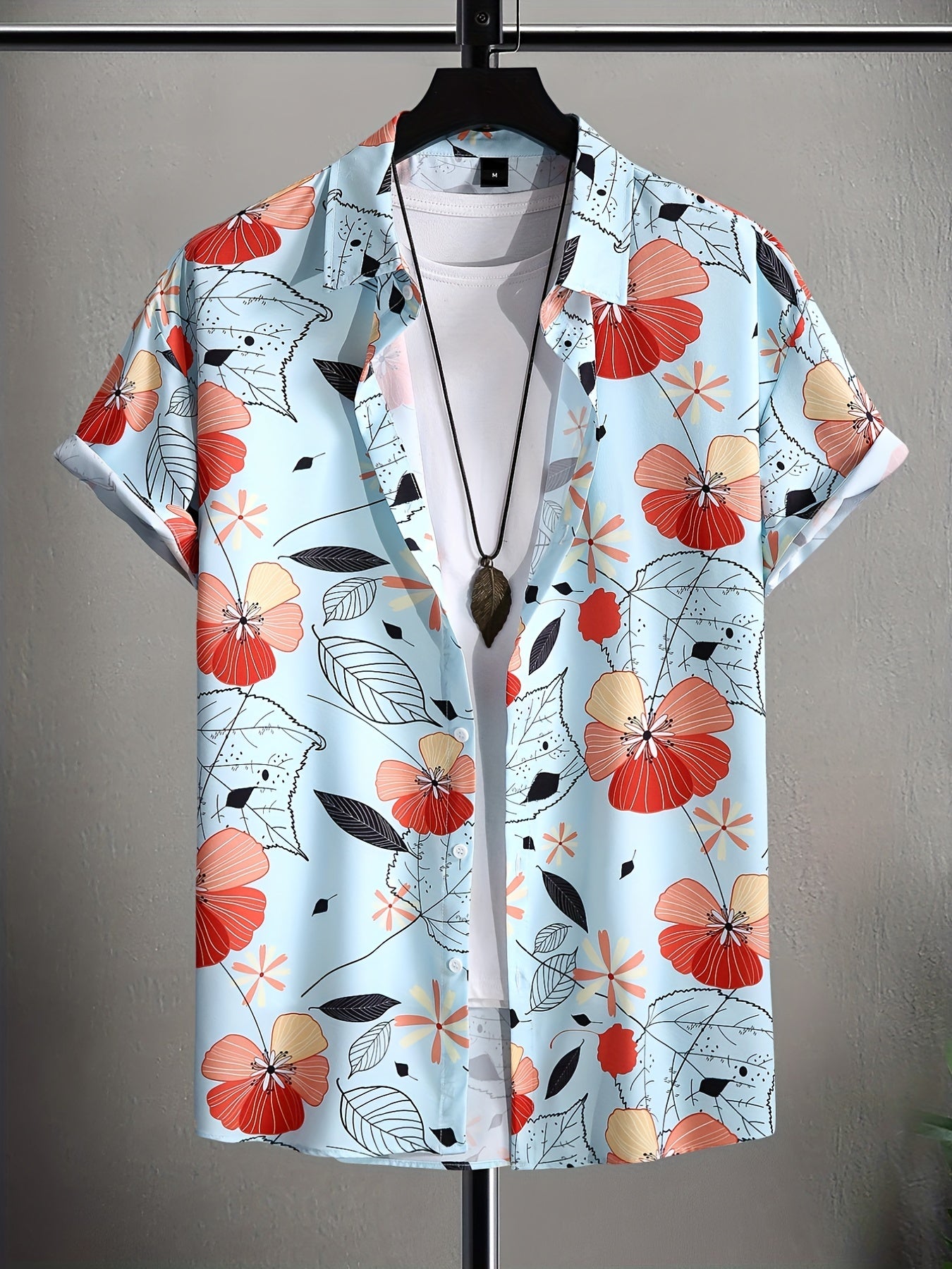 Men's Floral & Leaf Print Camp Collar Bowling Shirt