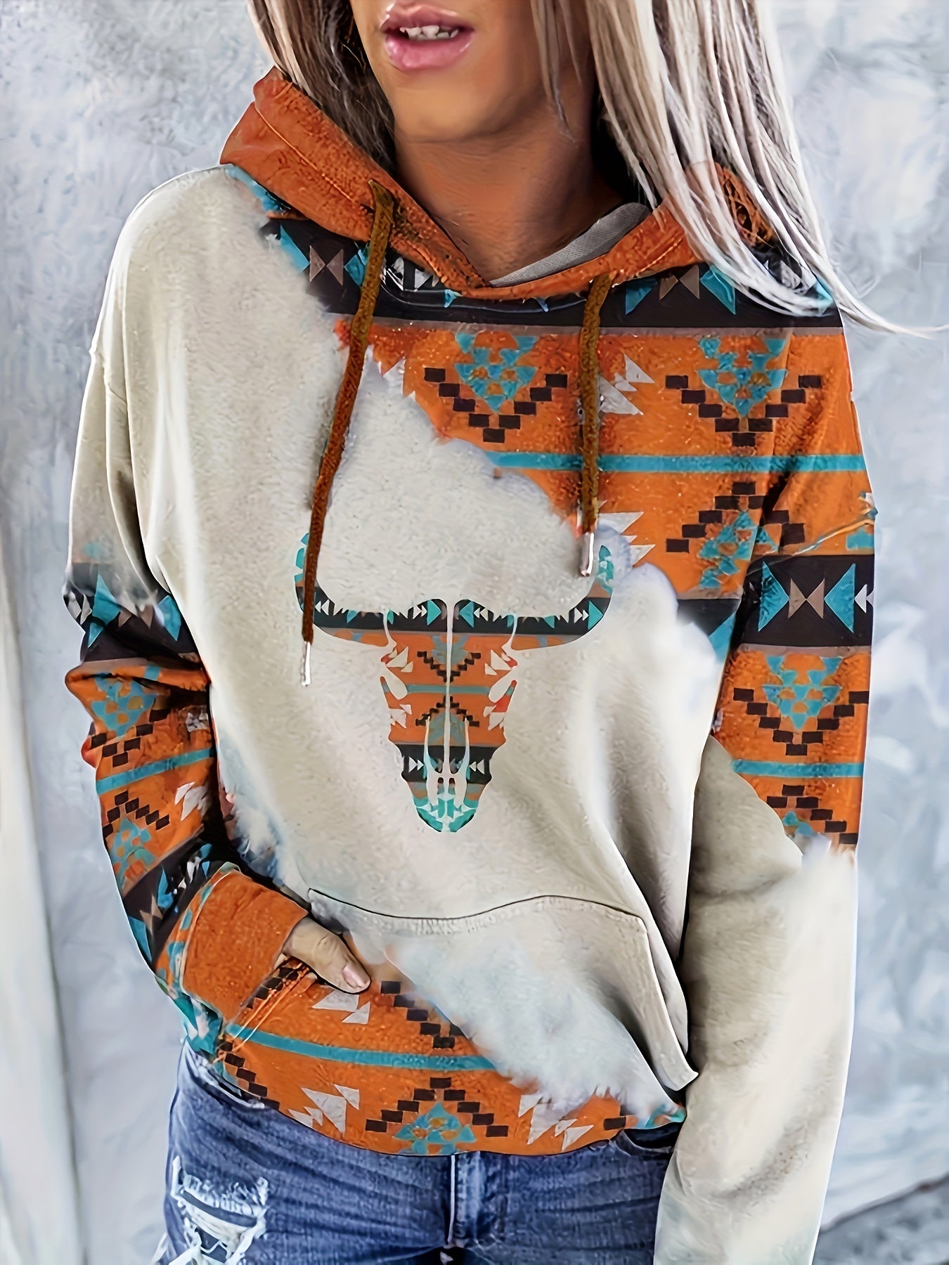 Ethnic Print Kangaroo Pocket Hoodie Long Sleeve Hoodies Sweatshirt