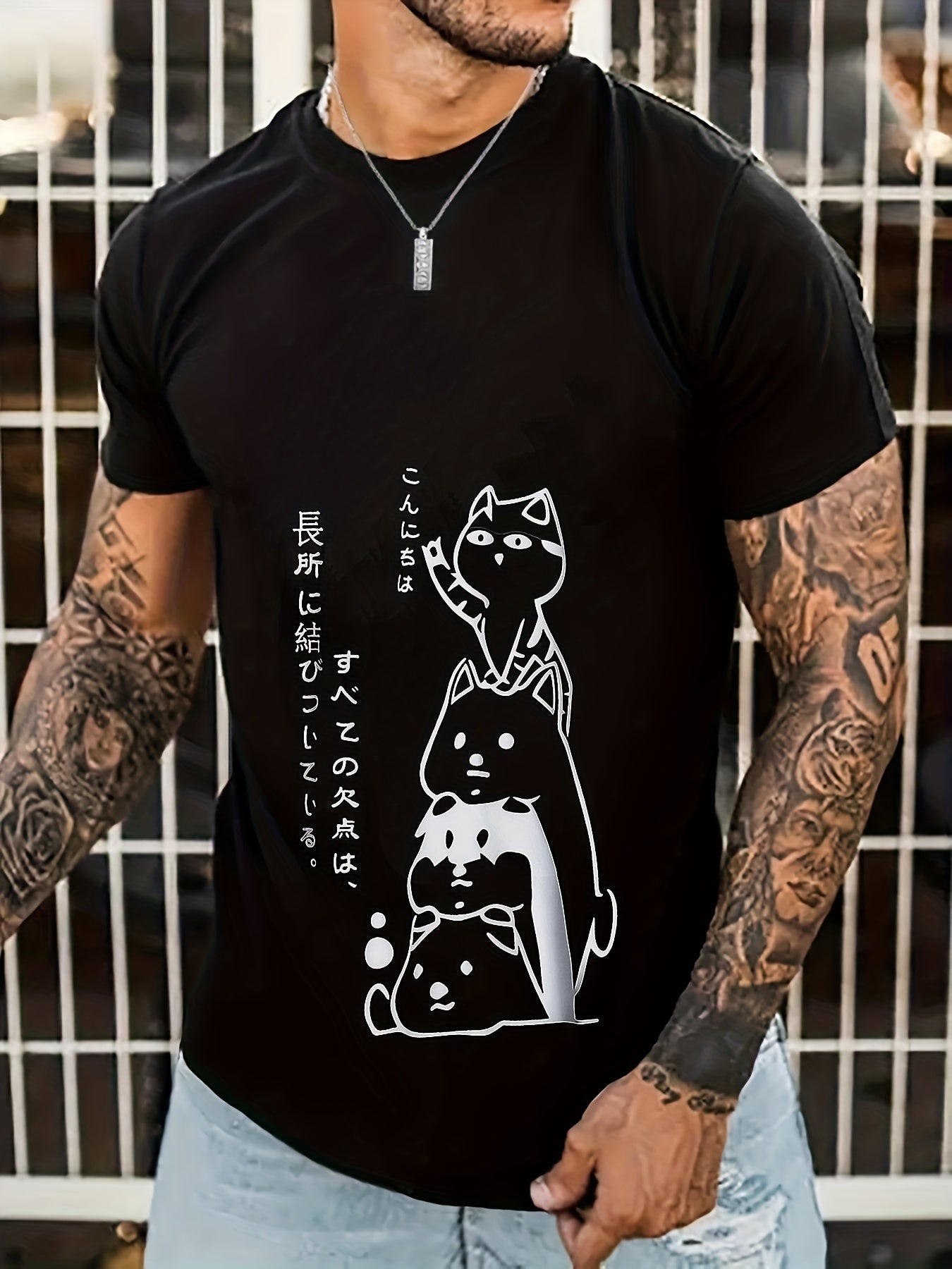 Anime Cat Print Men's Crew Neck T-shirt Casual Comfy Tees for Summer
