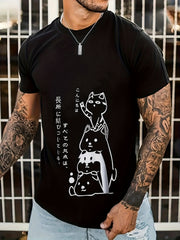 Anime Cat Print Men's Crew Neck T-shirt Casual Comfy Tees for Summer