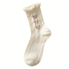 Thin Bow & Flower Pattern Socks Breathable Ruched Trim Mid Tube Women's Stocking