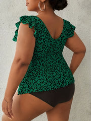 Leopard Print Ruffle Bikini Set Women's Plus Size High Stretch Swimsuit Set