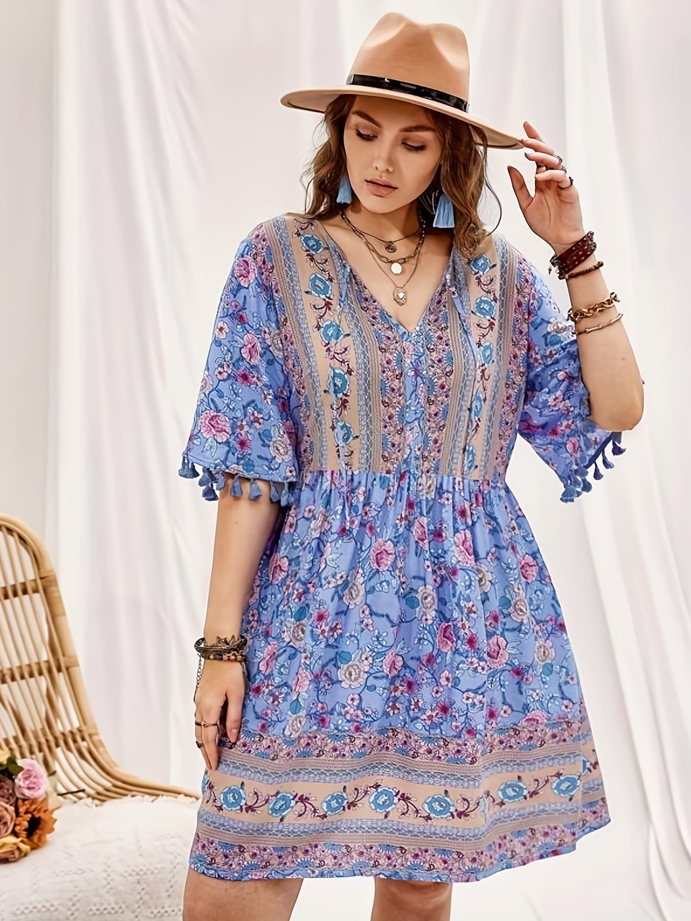 Plus Size Boho Dress Women's Plus Floral Print Short Sleeve