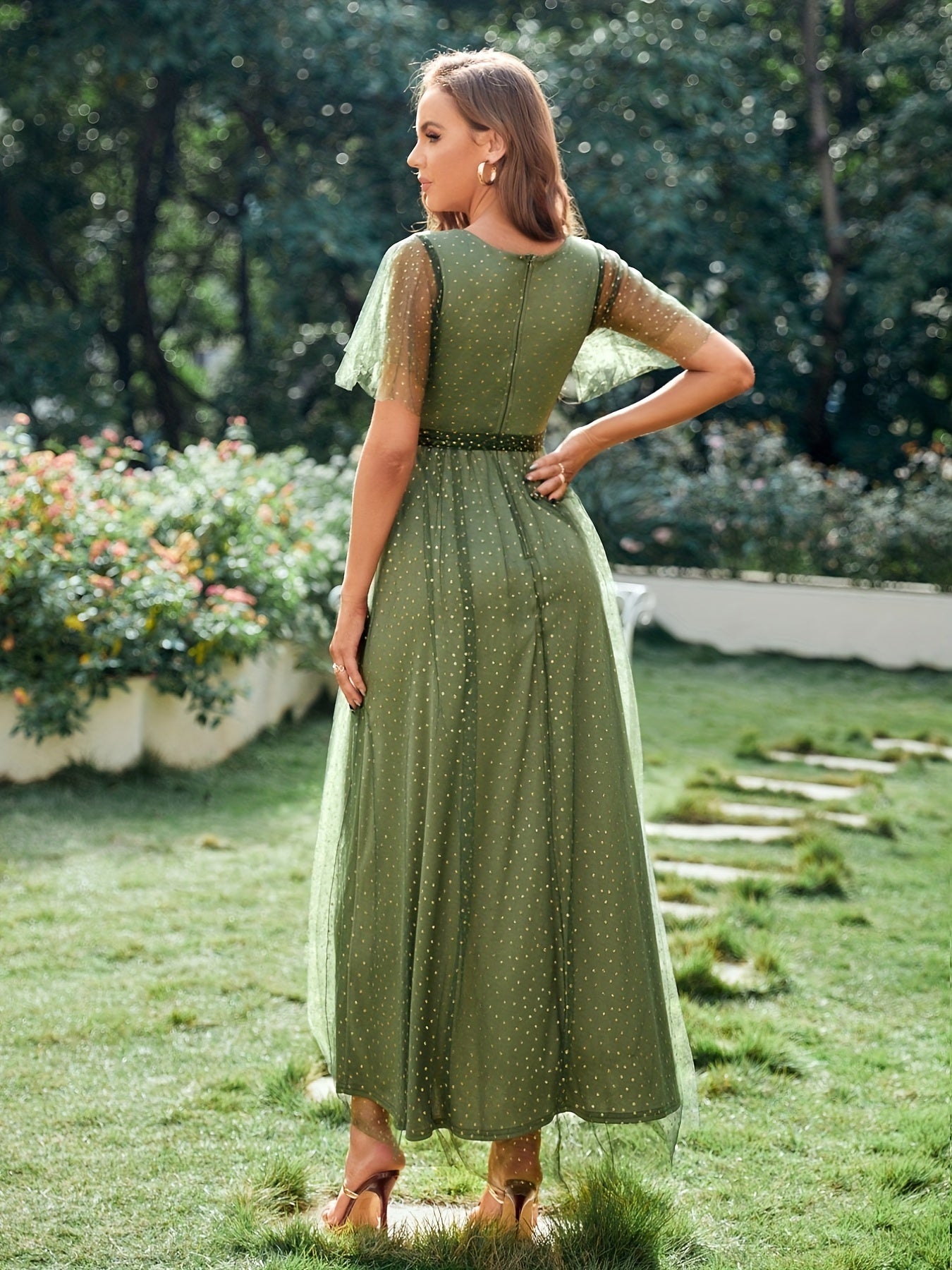 Mesh Ruffle Sleeve Maxi Dress Double Layer Wedding Guest Dresses