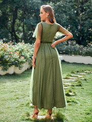 Mesh Ruffle Sleeve Maxi Dress Double Layer Wedding Guest Dresses
