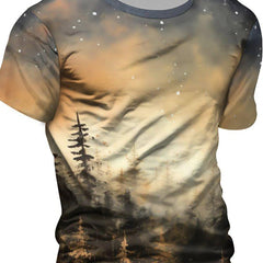Men's Forest In Dusk And Falling Snowflakes Print Short Sleeve T shirt