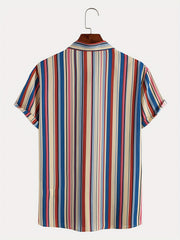 Vertical Striped Lapel Short Sleeve Button Up Shirt for Men