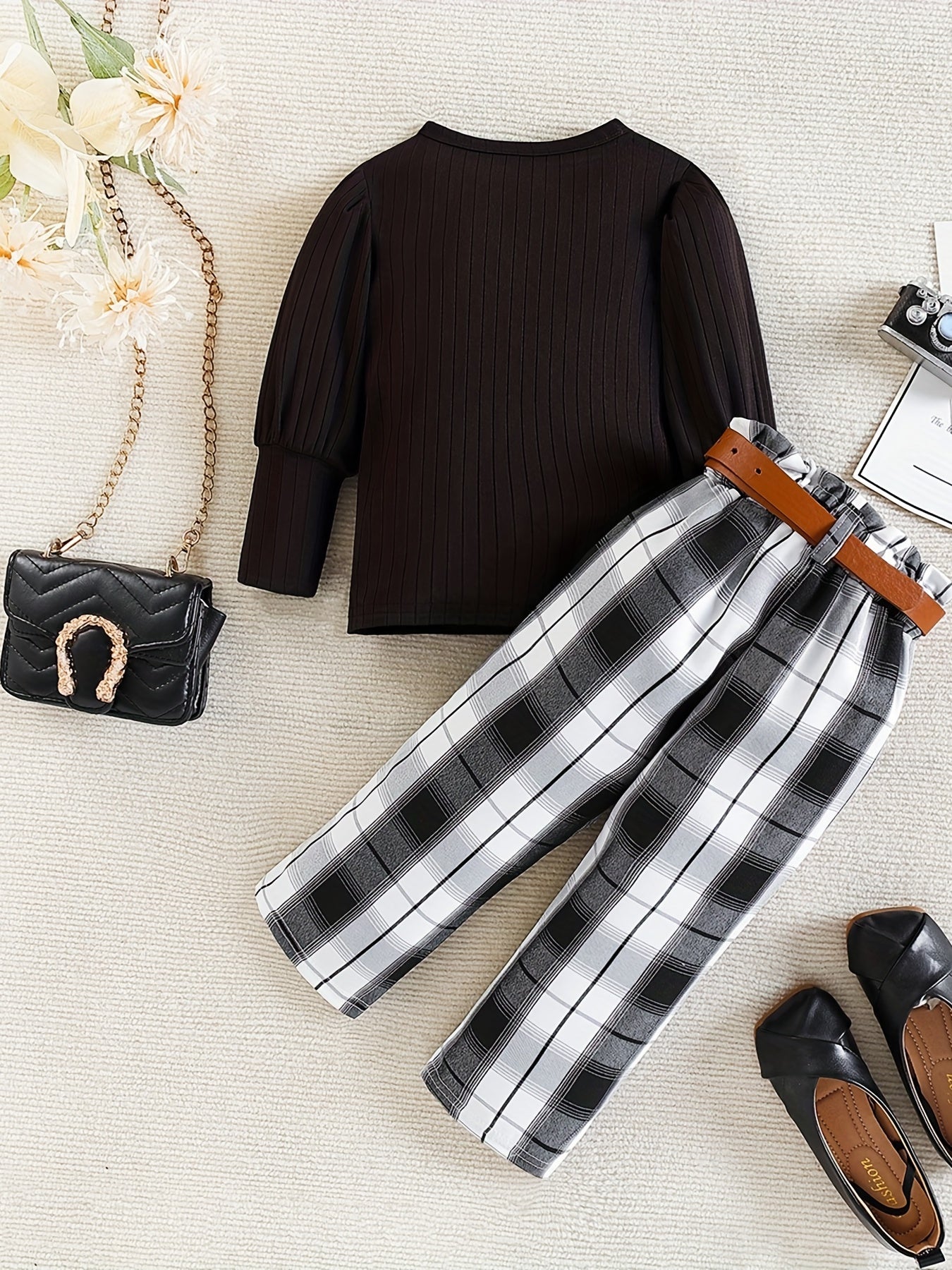 Girl's 2pcs Plaid Print Top & Belted Pants Set
