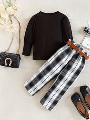 Girl's 2pcs Plaid Print Top & Belted Pants Set
