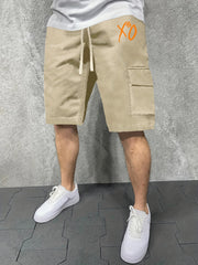 XO Pattern Comfy Shorts Men's Solid Knee Elastic Waist Drawstring Shorts
