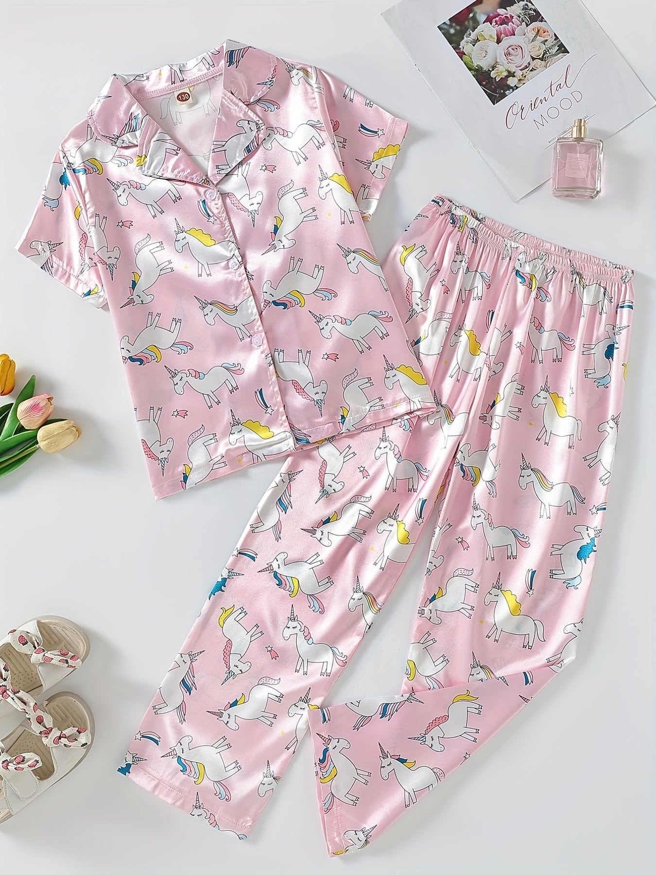 Girls Rainbow Unicorn Pajama Set Short Sleeve Top & Pants Sleepwear