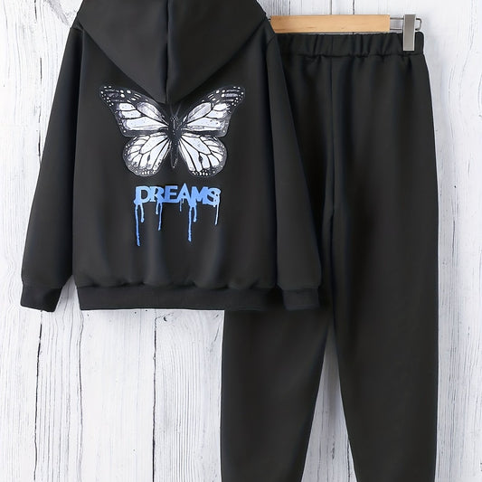 Girl's Butterfly Outfit Zip Hoodie & Sweatpants Set for Spring Fall