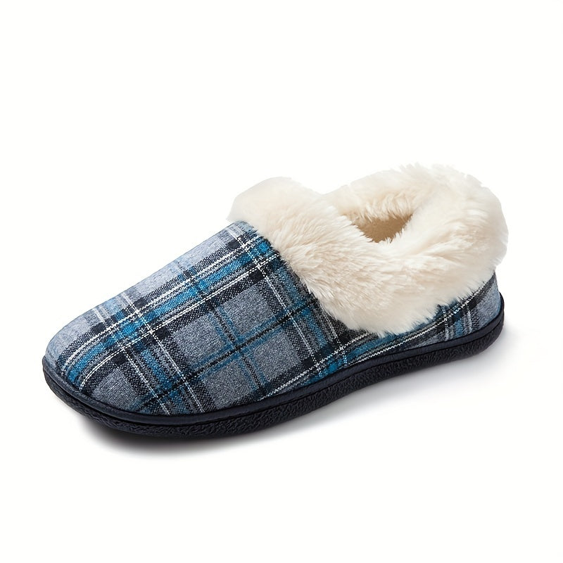 Women's Plaid Fluffy Slippers Warm Cozy Slip On Fuzzy Shoes