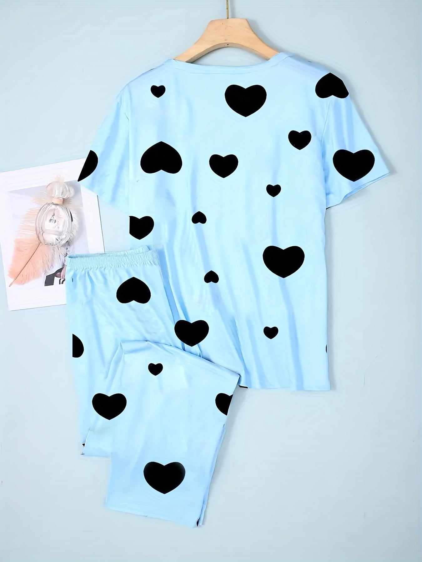 Heart Print Pajama Set Short Sleeve Top & Long Pants Women's Loungewear