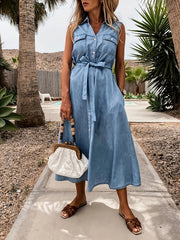 Sleeveless Lapel Denim Dress Single Breasted Button