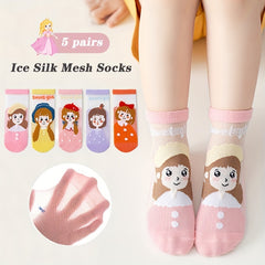 5 Pairs Girls Ice Silk Cotton Socks Breathable Elementary 1-11 Yrs Old