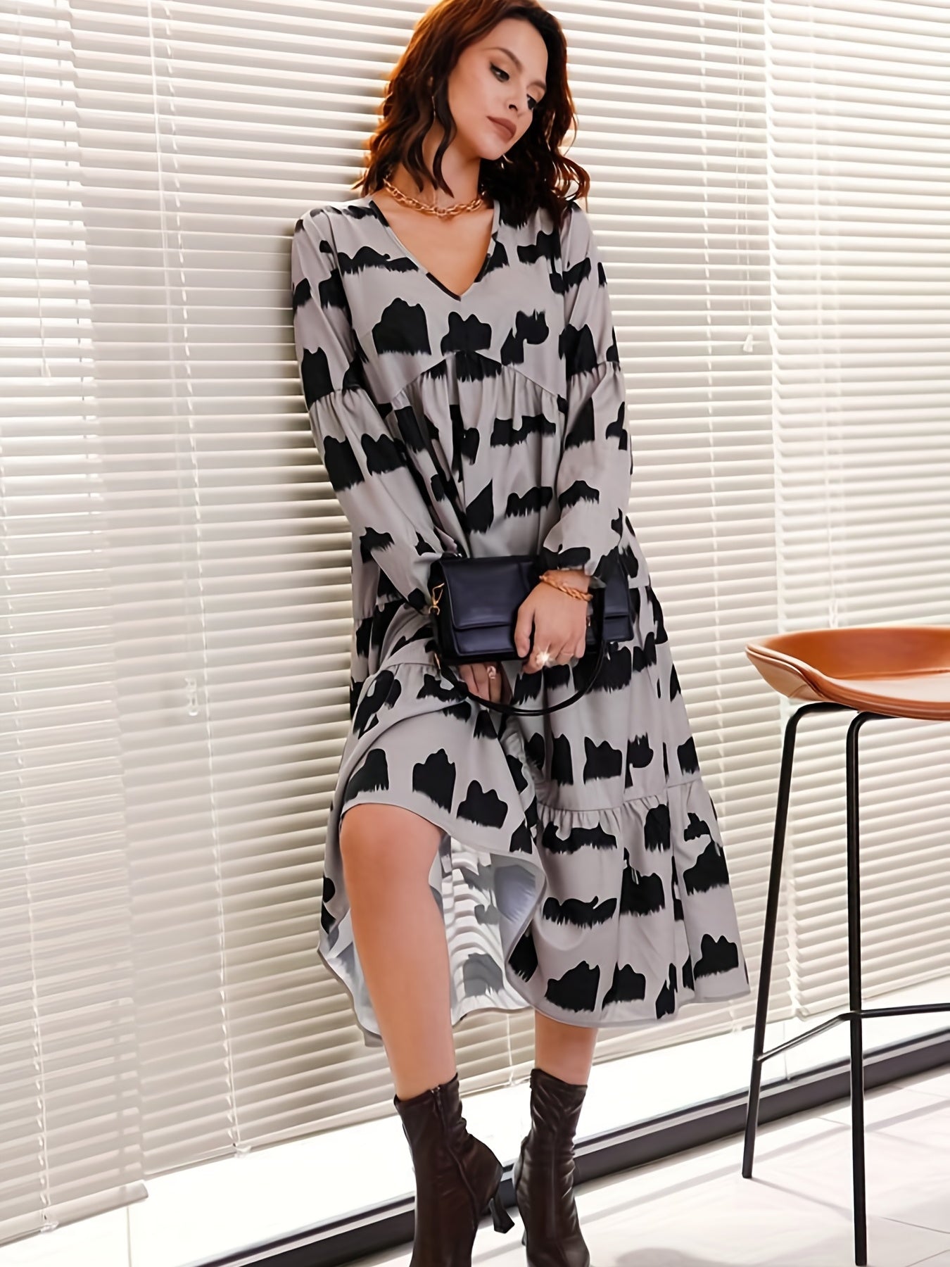 Tiered Allover Print Long Sleeve Midi Dress