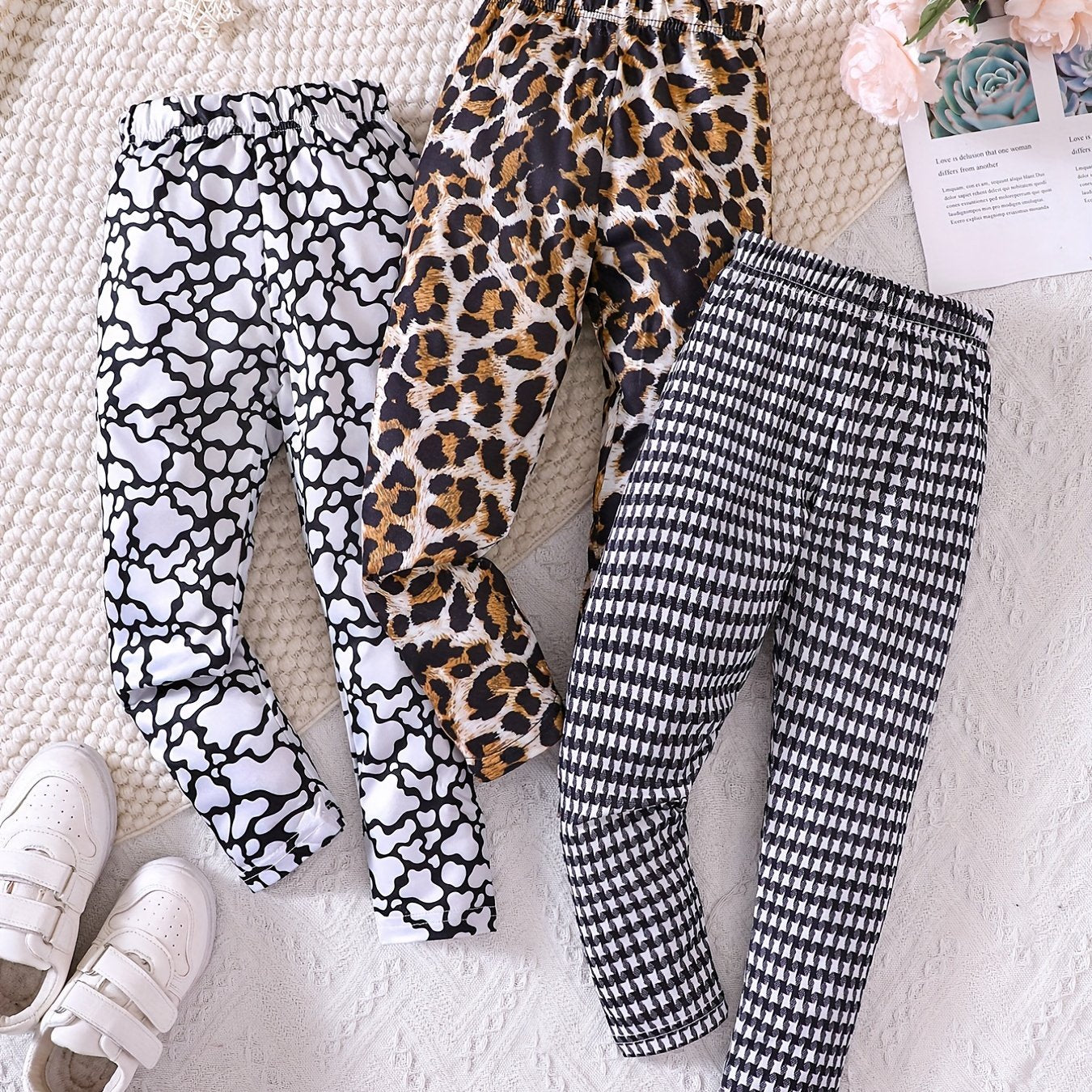 Girls Stylish Stretch Leggings with Cow Leopard Houndstooth Print