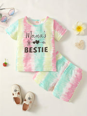 2pc Toddler Girls Tie Dye T-Shirts Heart/Letter Graphic Round Neck Shorts Set