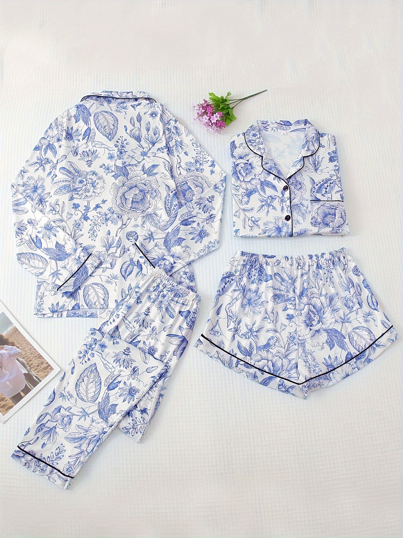 Floral Print Pajama Set Short Sleeve Top & Long Sleeve Buttons Top & Shorts