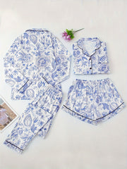 Floral Print Pajama Set Short Sleeve Top & Long Sleeve Buttons Top & Shorts