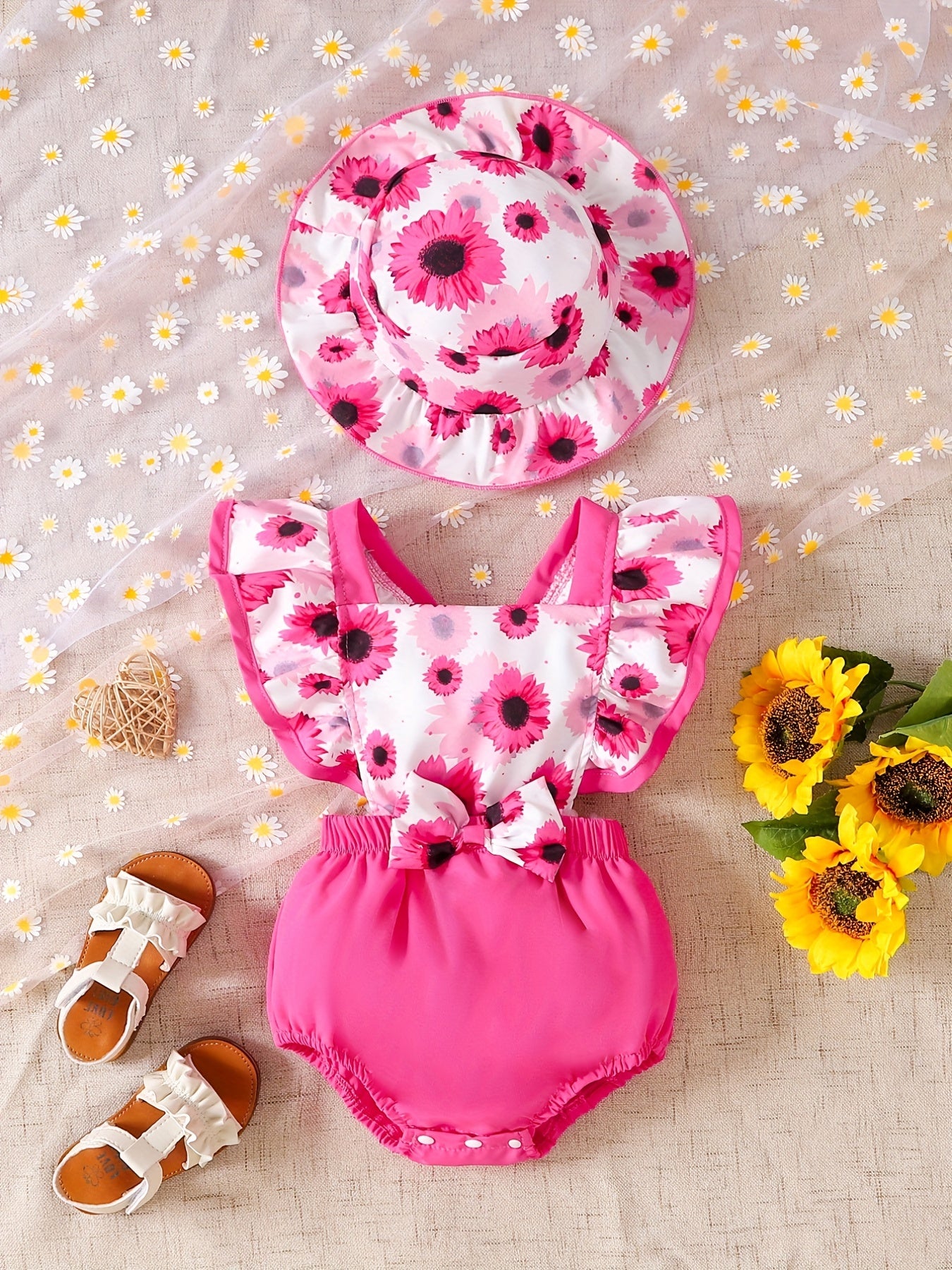Baby Girls Sunflower Print Onesie & Hat Set