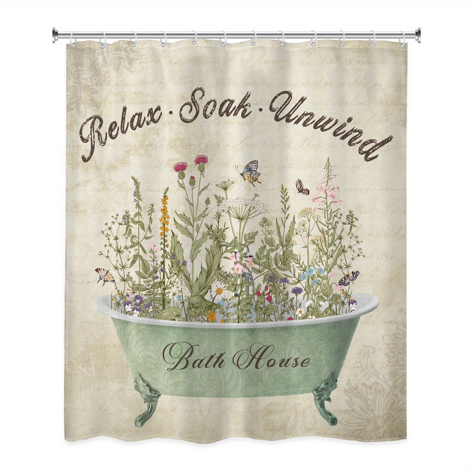Retro Flower Pattern Shower Curtain 12 Hooks Waterproof Bath Decor