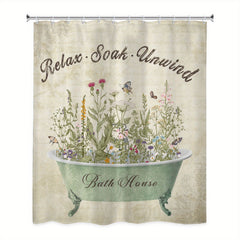 Retro Flower Pattern Shower Curtain 12 Hooks Waterproof Bath Decor
