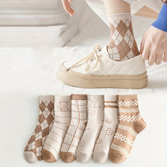 6 Pairs Bear & Plaid Print Socks Women's Stockings & Hosiery