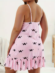 Heart Print Lace Trim V Neck Nightdress