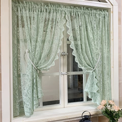 Green Beaded Lace Short Kitchen Curtain Light Filtering Half Curtain