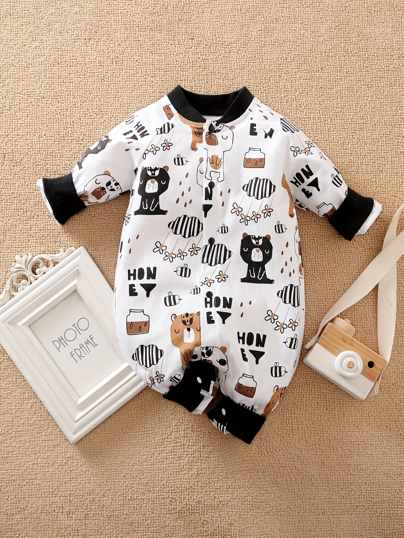 Bear Print Baby Romper Long Sleeve Cotton Bodysuit